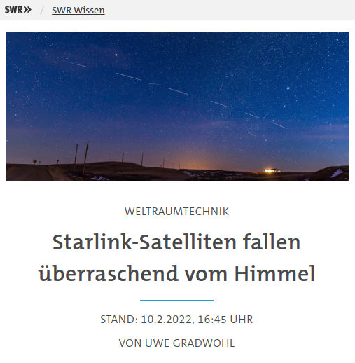 Screenshot: Starlink-Satelliten fallen vom Himmel