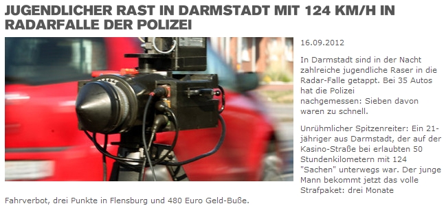 Jugendlicher rast in Darmstadt mit 124 km/h in Radarfalle der Polizei