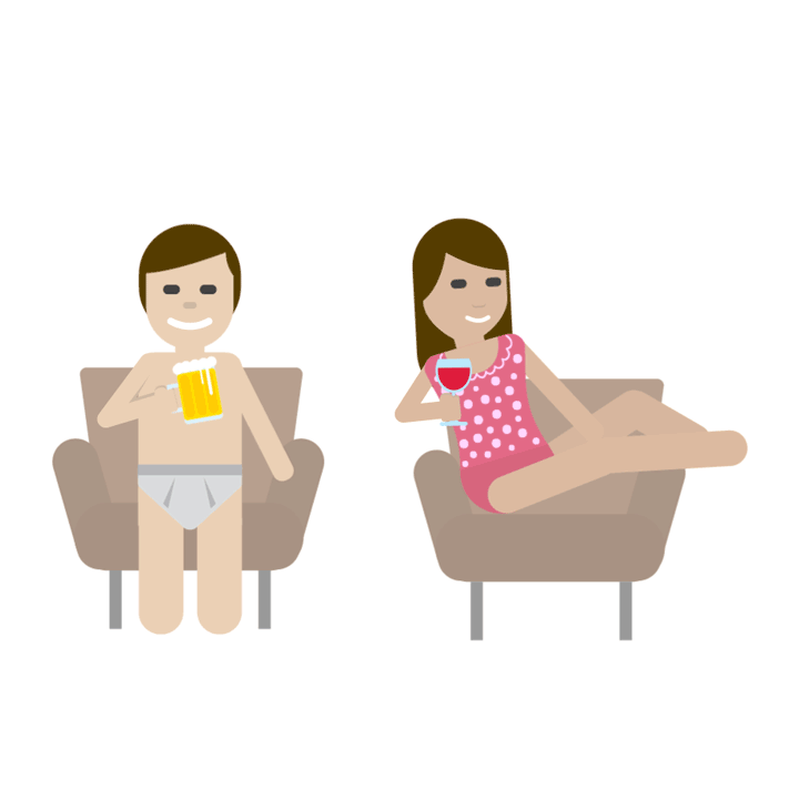 Emoji dazu: Zwei Menschen auf der Couch beim Trinken