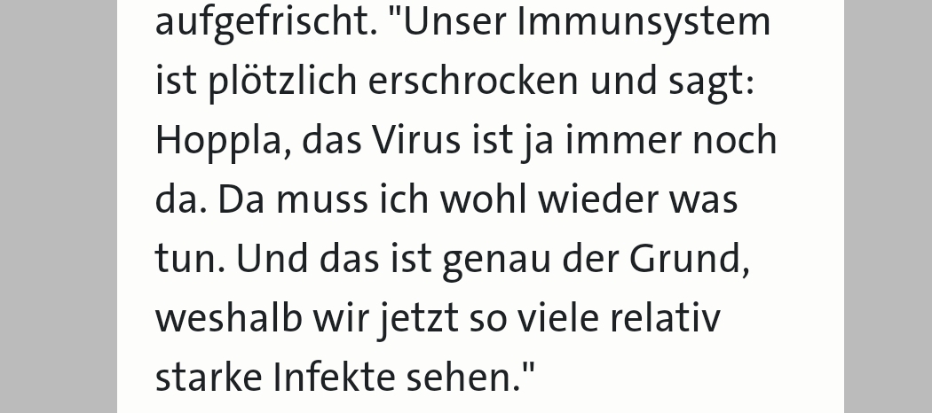 Screenshot vom WDR “Unser Immunsystem ist plötzlich erschrocken und sagt: Hoppla, das Virus ist ja immer noch da. Da muss ich wohl wieder was tun. Und das ist genau der Grund, weshalb wir jetzt so viele relativ starke Infekte sehen.”